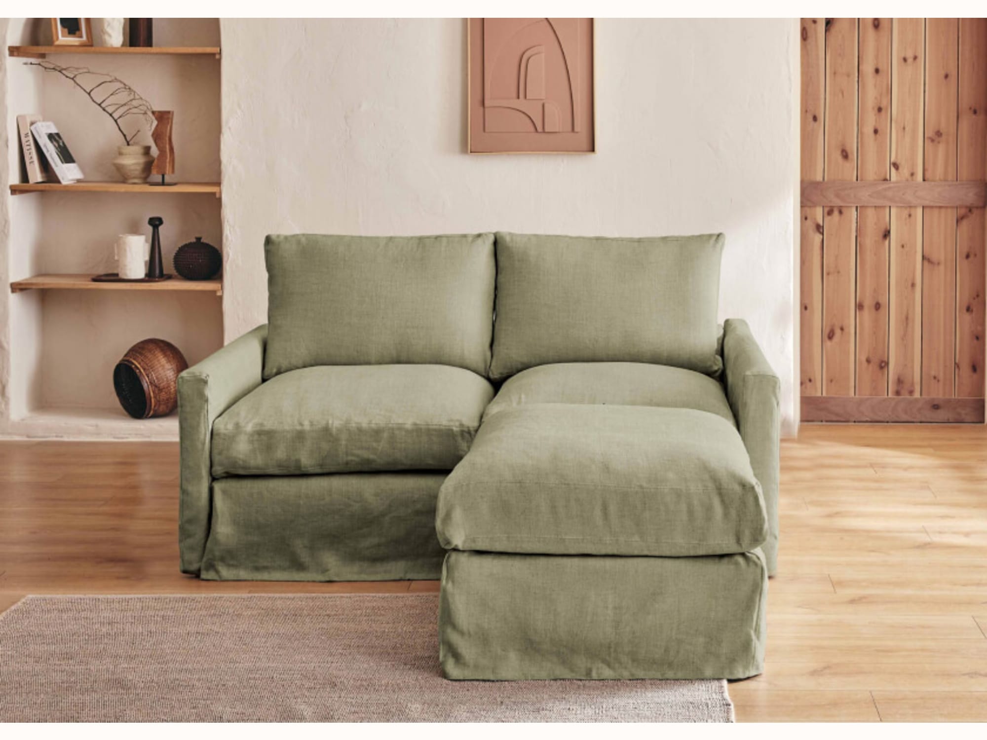 2-3-Sitzer-Ecksofa mit Hocker aus Leinen LENO