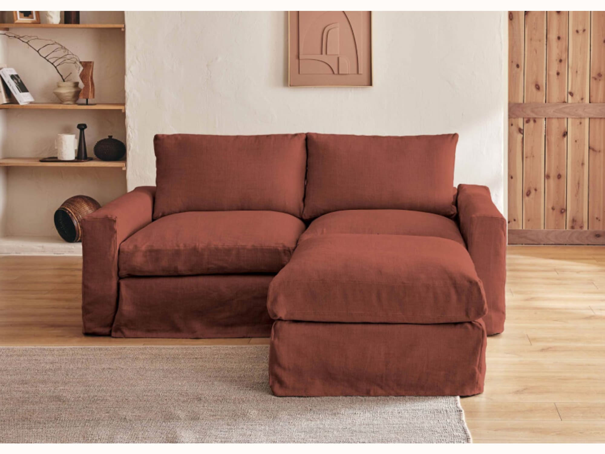 2-3-Sitzer-Ecksofa mit Hocker aus Leinen LENO