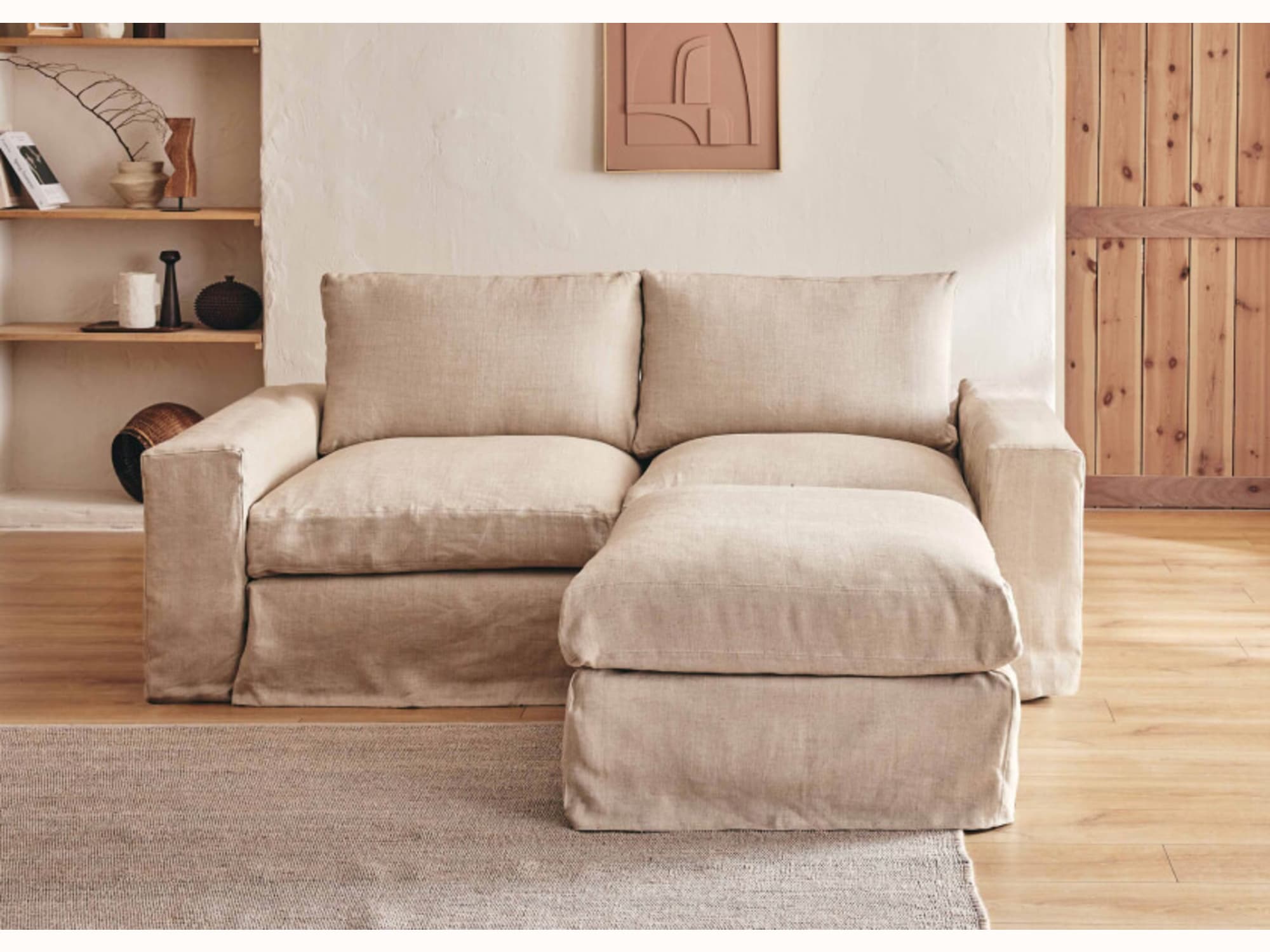 2-3-Sitzer-Ecksofa mit Hocker aus Leinen LENO