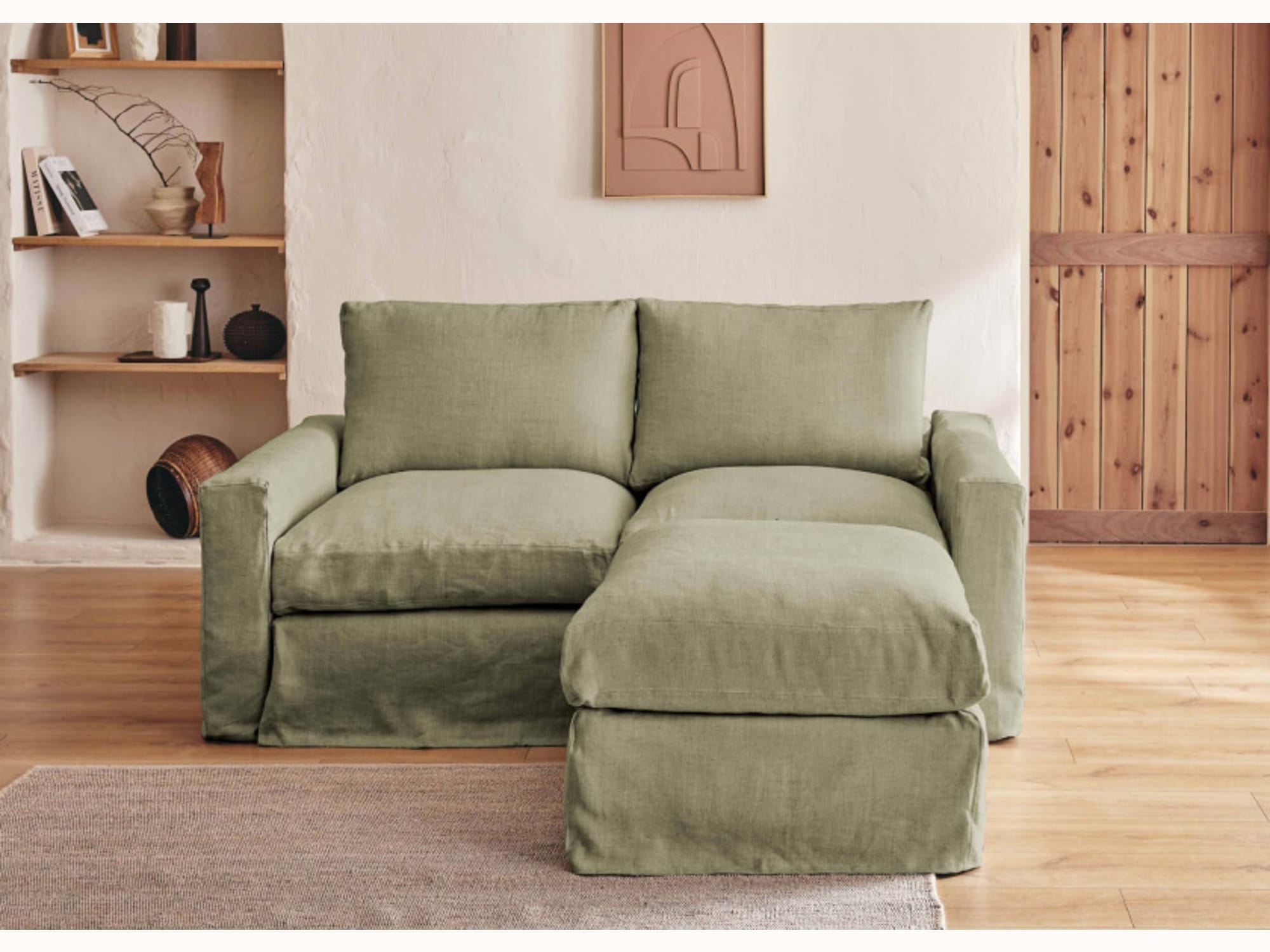 2-3-Sitzer-Ecksofa mit Hocker aus Leinen LENO