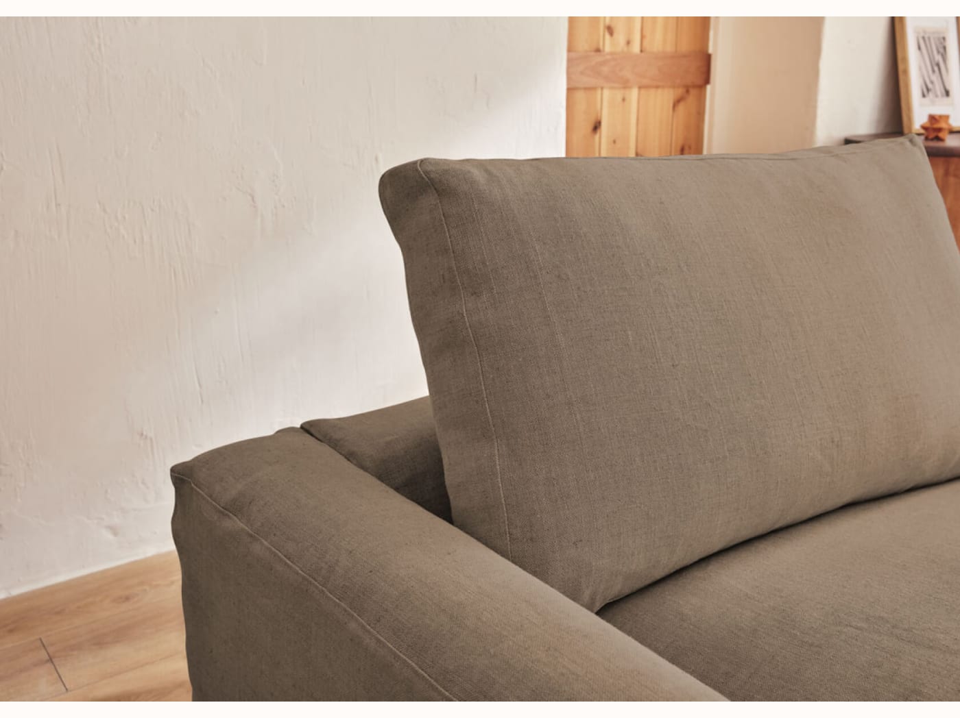 2-3-Sitzer-Ecksofa mit Hocker aus Leinen LENO